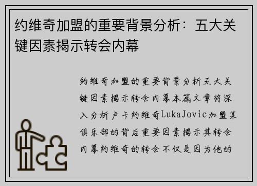 约维奇加盟的重要背景分析：五大关键因素揭示转会内幕