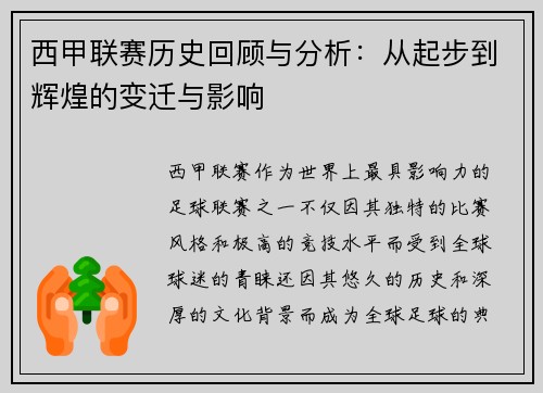 西甲联赛历史回顾与分析：从起步到辉煌的变迁与影响